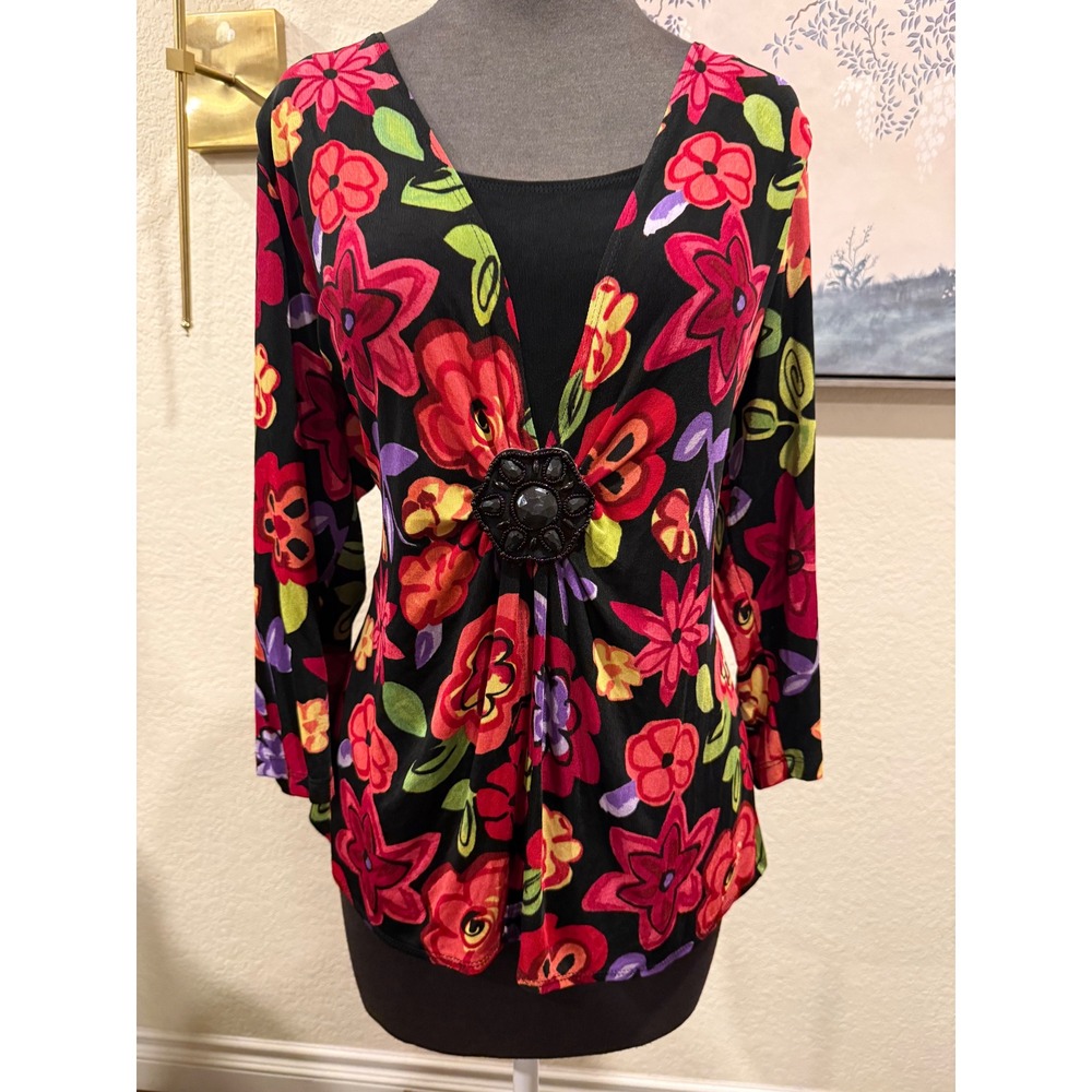 Choices vintate Floral Blouse Black‎ Red Medallion 3/4 Sleeve Plus Size 1X Y2K